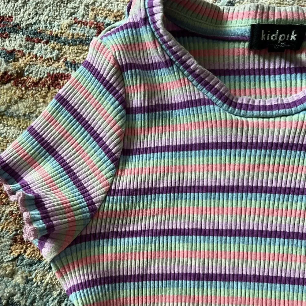Ruffle detail sleeve and hem shirt sleeve striped shirt